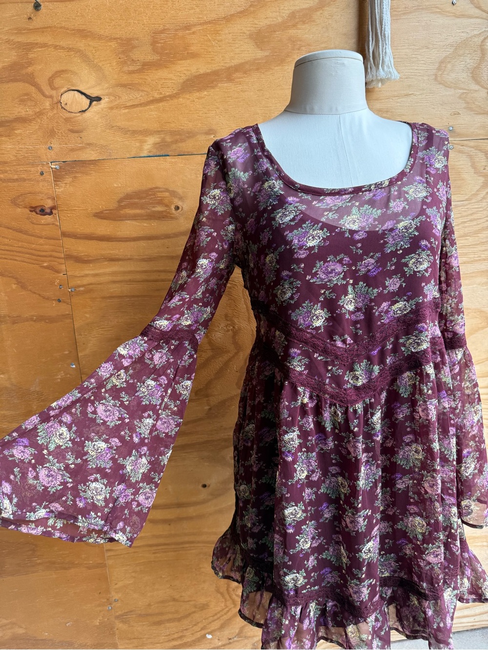 American Rag Burgundy Floral Bell-Sleeve Tiered Tunic Dress